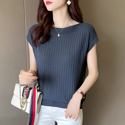 Bat-Sleeved Short-Sleeved T-Shirt Women's Summer New Black Ice Silk Knitted Sweater Loose One-Word Collar Top Thin