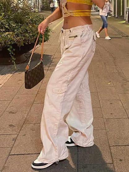Sixsr  Women Spring Fashion Multi Pockets White Cargo Pants Women Adjustable Low Waist Baggy Wide Leg Jeans Oversized Casual Trousers Retro Bottoms Iamhotty