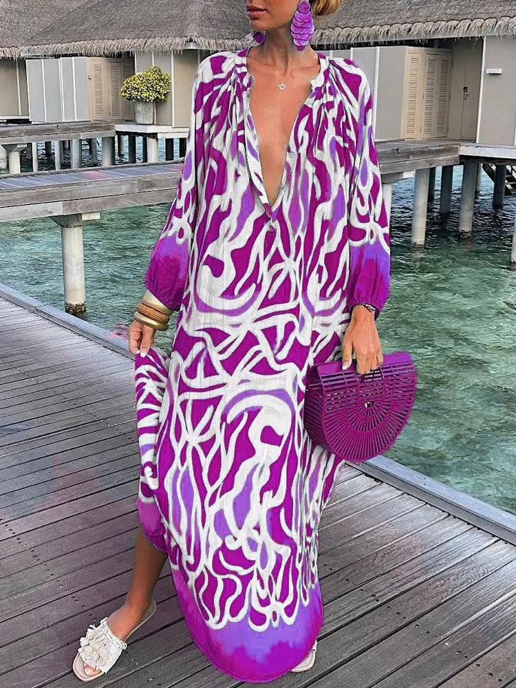 V-neck Casual Loose Floral Print Long Sleeve Maxi Dress