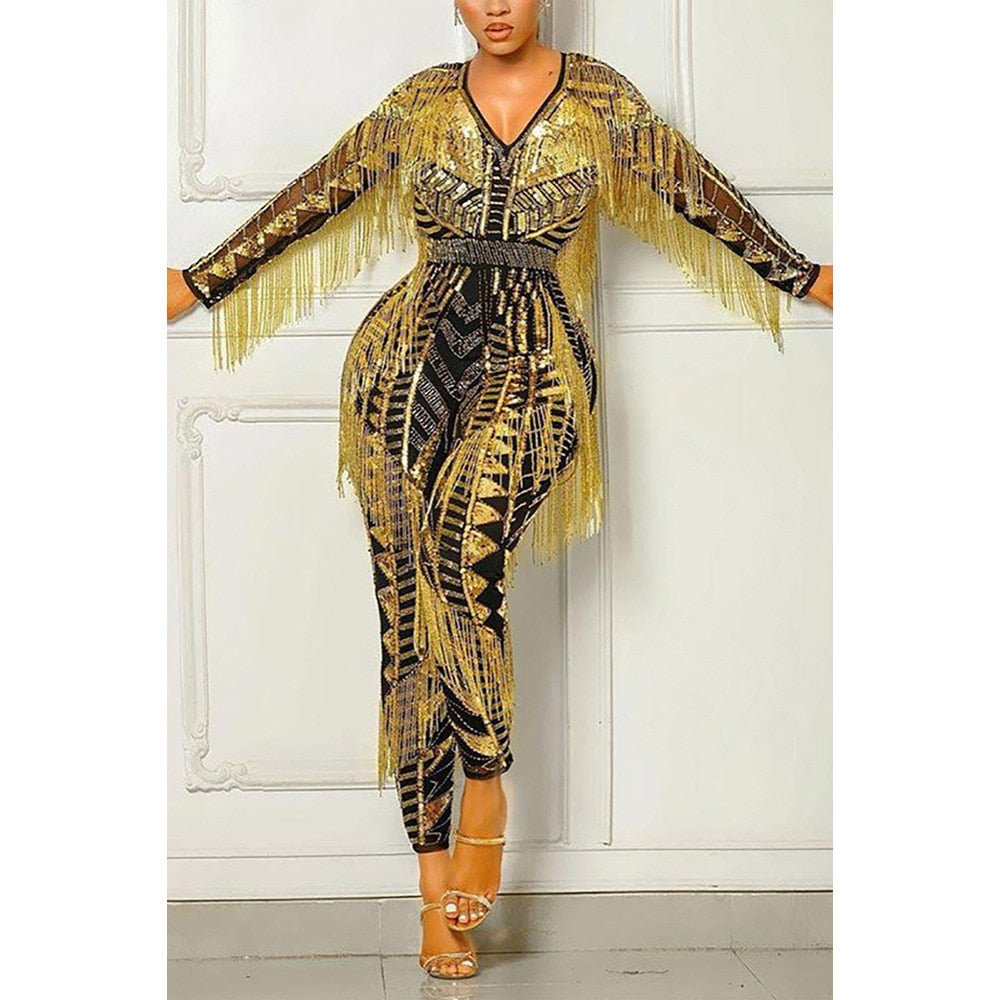 Womens Sexy Bodycon Jumpsuit Vintage Printed Long Sleeve One Piece Outfits with Tassels Rhinestone Yellow Black Romper Clubwear