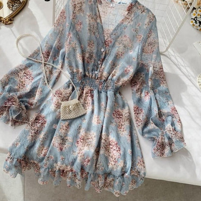 Sixsr Mothers Day Gifts new fashion women's French dress female temperament V-neck long-sleeved chiffon floral dresses