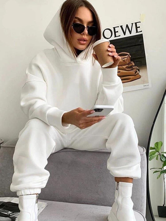 Fashion Casual Fleece Tracksuits Women Solid Warm 2 Piece Set Loose Hoodies And Sweatpants Suit Autumn Winter Sportswear Outfits