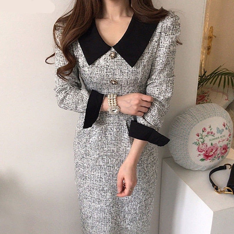 Sixsr  Women Long Tweed Dress Autumn Retro Temperament Contrast Color Lapel Pleated Lace Waist Thinner Thicker Dresses Female