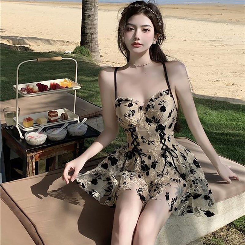 Backless Dress Women Lace Sexy Short Embroidery Mini Y2k Push Up Dress with Flowers Korean Dress Summer Gothic Party