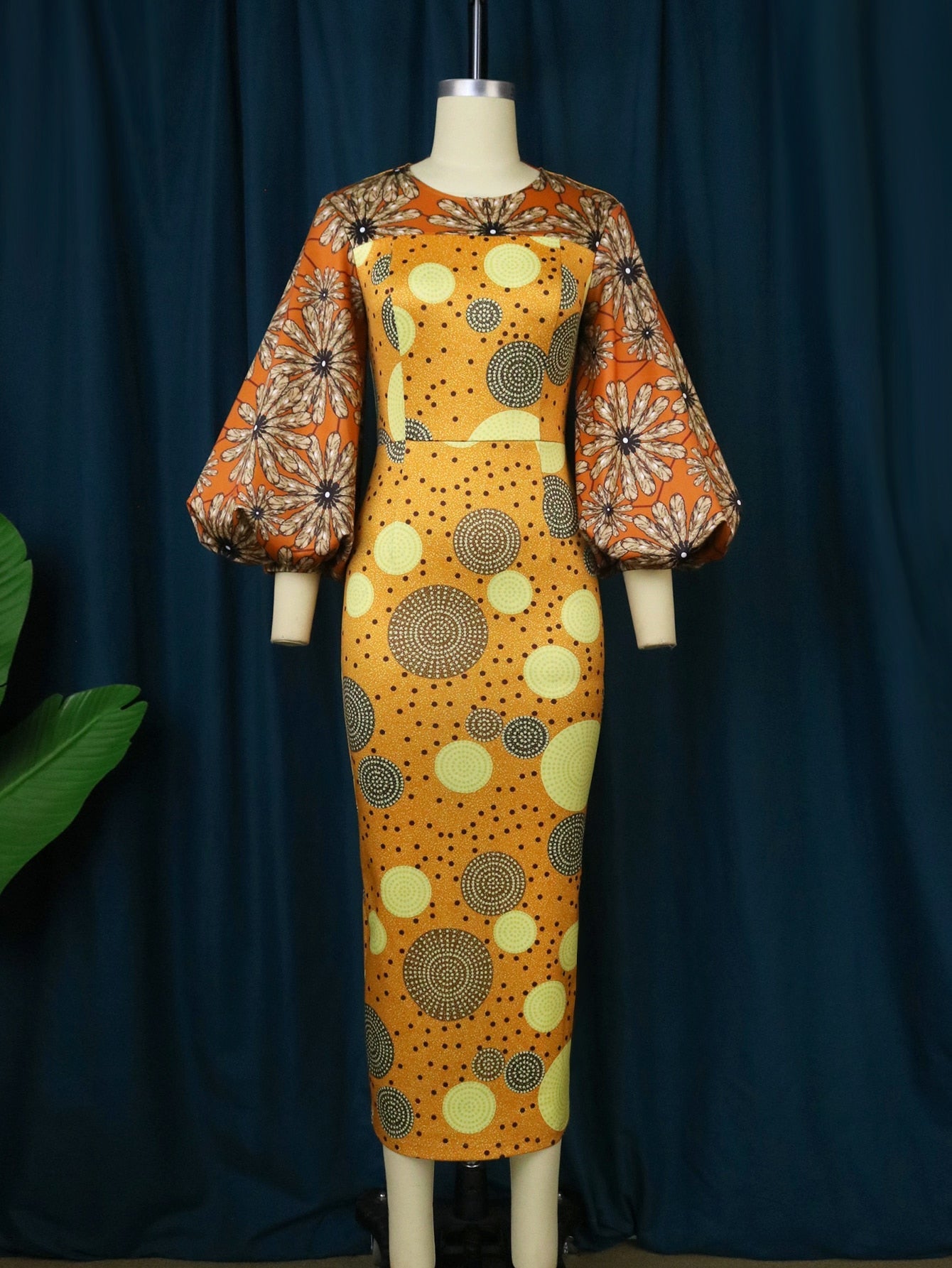 African Women Sun Flower Printed Long Dresses O Neck Lantern Sleeve High Waist Sheath Gowns 4XL for Wedding Guest Church Outfits