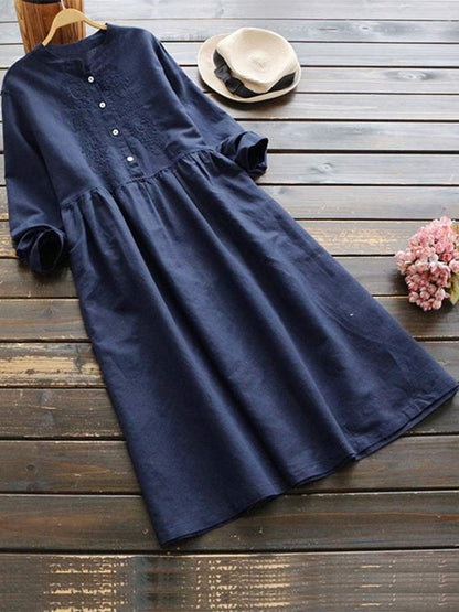 Autumn Embroidery Long Shirt Dress Vintage Women Casual Cotton Vestidos Women Long Sleeve Sundress Kaftan