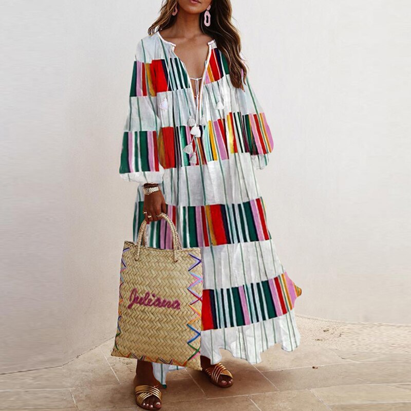 V-neck Long Sleeve Print Long Loose Dress