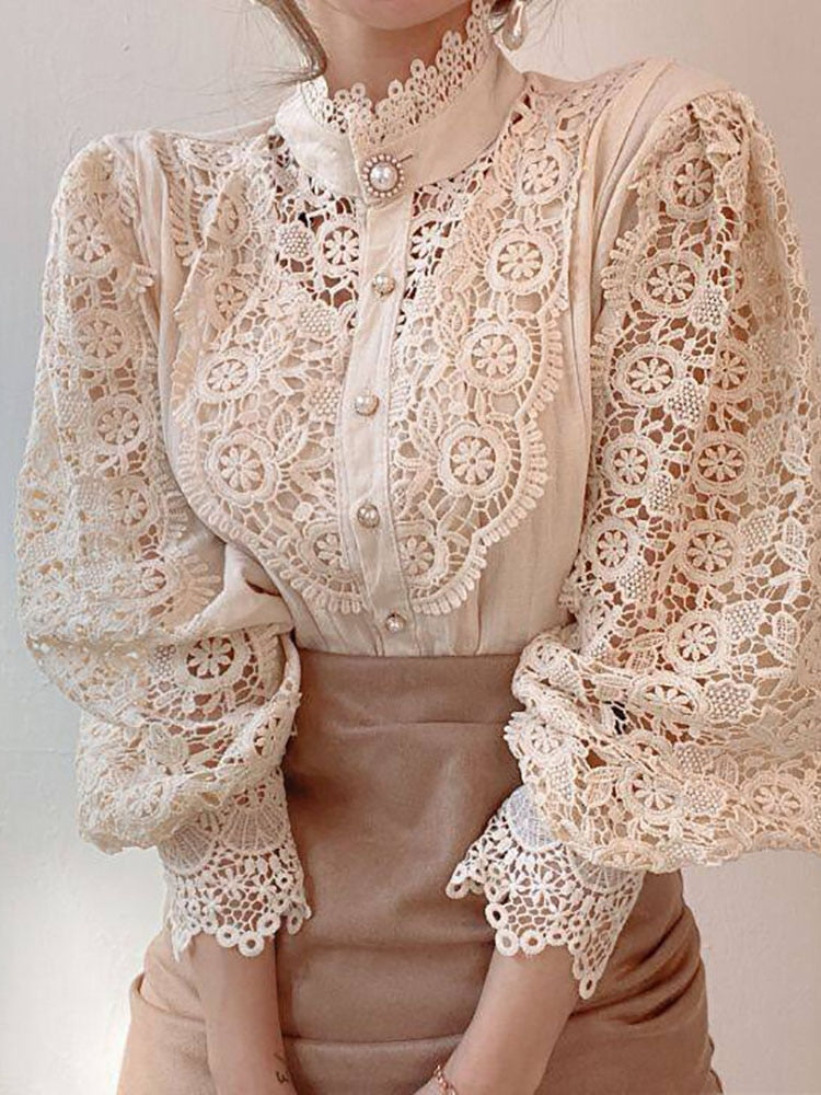 Elegant Women's Blouse Vintage Lace Spliced Long Sleeve Pink Button Up Woman Shirt Tops Fashion Casual Ladies Blouses Top