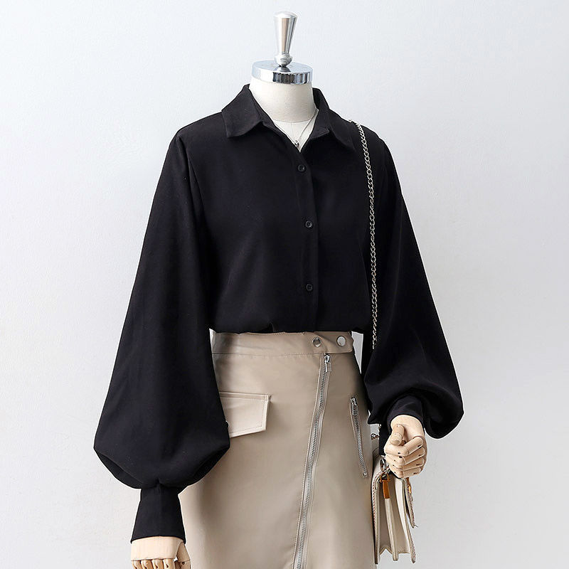 Sixsr Lantern Sleeves Vintage Shirts Women Elegant White Womens Blouse with Lush Sleeves  Fashion Button Up Shirt Black