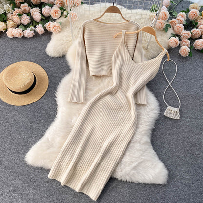 sixsr  Women Elegant Slim Two Piece Sets Female Sweater Dress Autumn Winter High Waist Knitted Ensemble Femme Medium Long Party Dresses