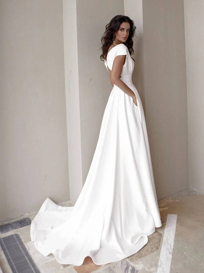 sixsr  High Quality Elegant Casual Women's Dresses Sexy V-neck Side Slit Backless White Long Skirt Wedding Banquet Bridesmaid Dress Evening Gown