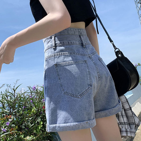 Black Denim Double-breasted Shorts Women Summer Hot Girls College All-match Solid Younger Ins Prevalent High Waist Casual Mujer