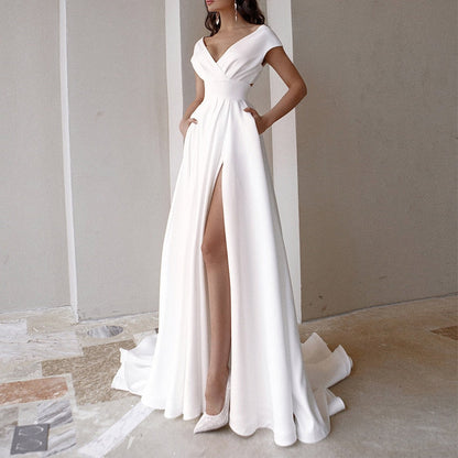 sixsr  High Quality Elegant Casual Women's Dresses Sexy V-neck Side Slit Backless White Long Skirt Wedding Banquet Bridesmaid Dress Evening Gown