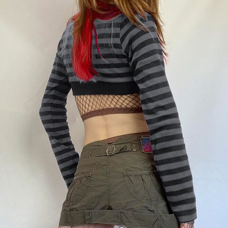 Y2K Striped Crop Top Button Knitted Full Sleeve T Shirt V Neck Vintage Grunge Tee Autumn Winter Women Harajuku Outfits