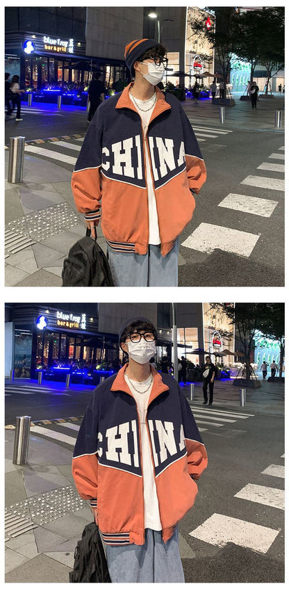 Letter retro baseball uniform jacket men's 2024SS Japan style loose contrast color casual stand collar varsity jacket unisex top