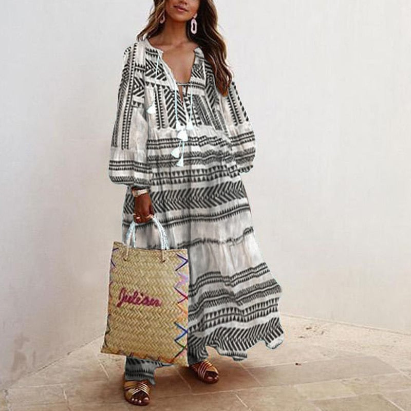 V-neck Long Sleeve Print Long Loose Dress