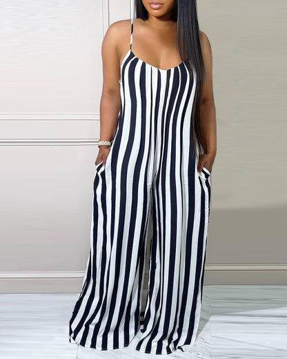 Women's striped printed spaghetti straps wide leg pockets jumpsuit women's sleeveless spring/summer high waisted loose pants jum