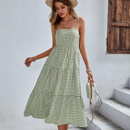 Ladies Vintage Boho Plaid Summer Dress Women Sexy Backless Casual Ruffles Party Beach Sundress Women Dress Robe Vestidos Female