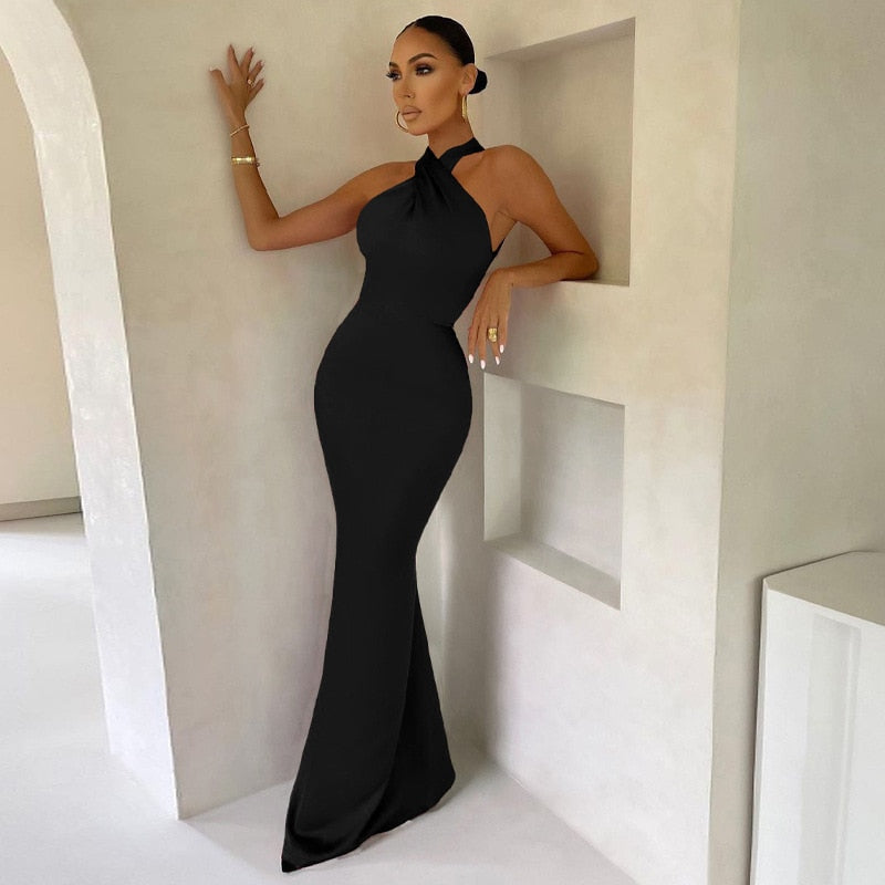 sixsr Sexy Satin Sleeveless Backless Elegant Party Maxi Dresses Women  Summer Off Shoulder Bodycon Black Long Dress Formal Female