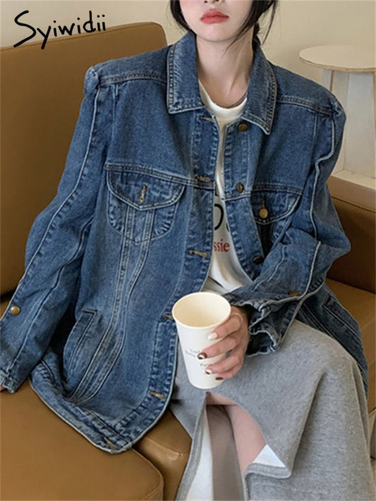 Vintage Jeans Jacket for Women  New Korean Fashion Long Sleeve Turn Down Collar Coats Chic Casual Oversized Jackets