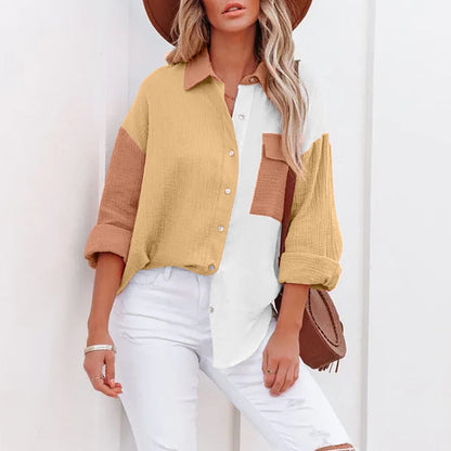 New Spring Summer Fashion Women New Patchwork Shirt Elegant Commute Contrast Lapel Buttons Cardigan Streetwear Ladies Casual Blouses