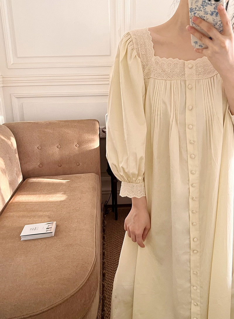 Women Sleepwear French Style Cotton Princess Dress Vintage Ladies Long Sleeves Nightgowns Square Neck Pleated Nightdress