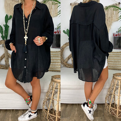 Women Long Blouses Shirts Dress Office Lady Work Dresses Casual Solid Lapel Vestidos Cotton Linen Tunic Shirt Robe Femme Dresses