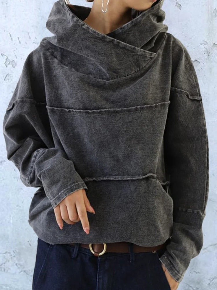 Loose Fit Washed Effect Solid Color Denim Hooded Sweatshirt