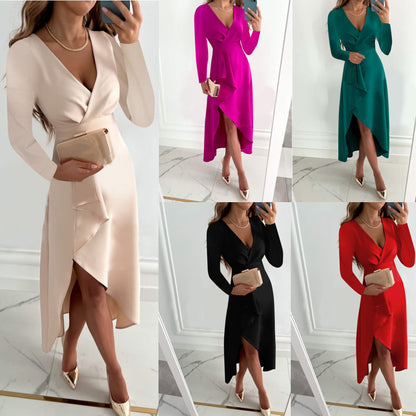 Women Casual Long Sleeve Fashion Solid Long Dress  Autumn Winter Sexy V-neck Elegant Office Lady Irregular Dresses Female