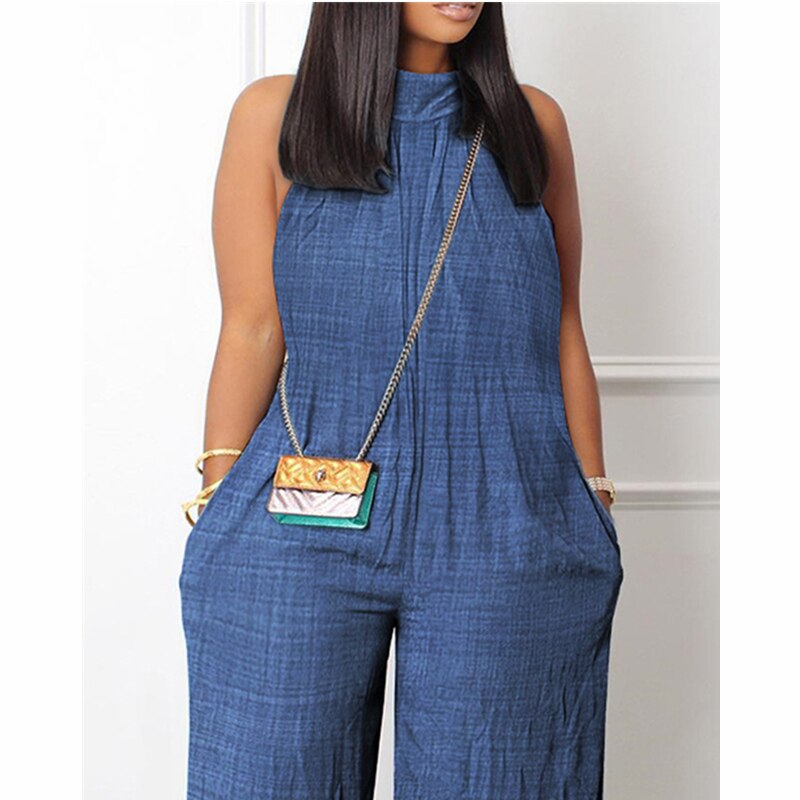 Women Elegant Fashion Denim Look Print Pocket Wide Leg Pants Jumpsuit Women Casual Loose Romper Overalls Onepieces Streetwear