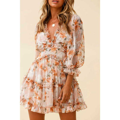 sixsr  Harlow Floral Print Ruffle Dress women backless V-neck dress women mini summer dress ladies party dress