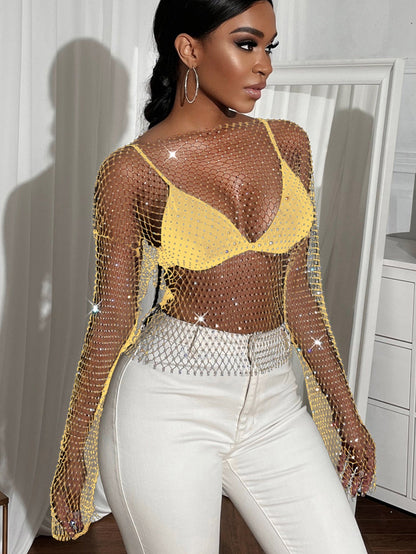 Sexy see through mesh Rhinestone tank top women summer shiny club party crop top long sleeve beach cover up fishnet tops t shirt