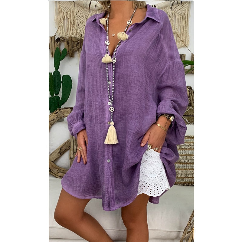 Women Long Blouses Shirts Dress Office Lady Work Dresses Casual Solid Lapel Vestidos Cotton Linen Tunic Shirt Robe Femme Dresses