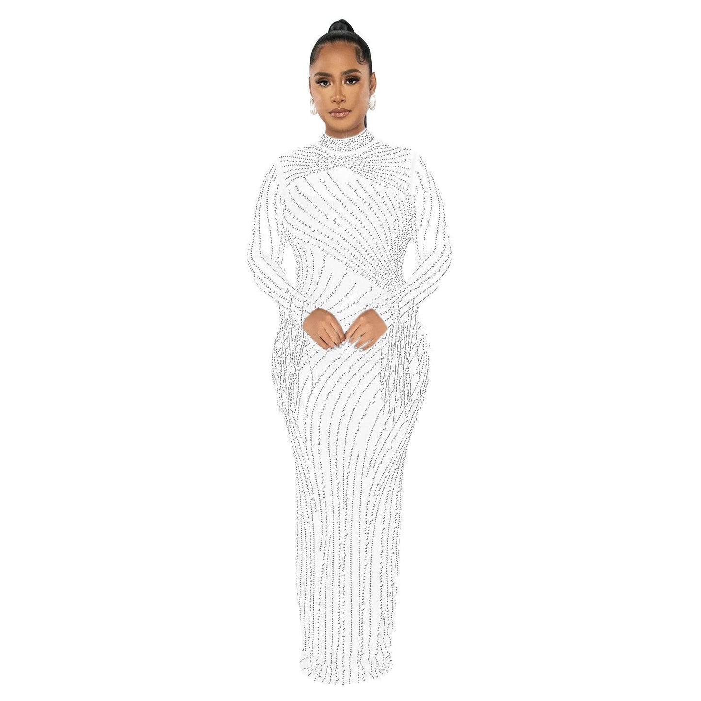 Women's Sexy See Through Rhinestone Bead Mesh Dress Luxury High Neck Long Sleeve Tassels Maxi Party Night Dresses 2 Piece Set