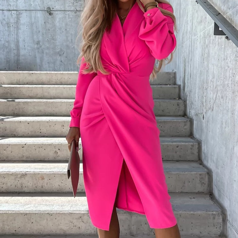 Elegant Slim Fit Cross V Neck Party Dress High Street Office Lady Dress Summer Women Casual Long Sleeve Sundress Cover Up