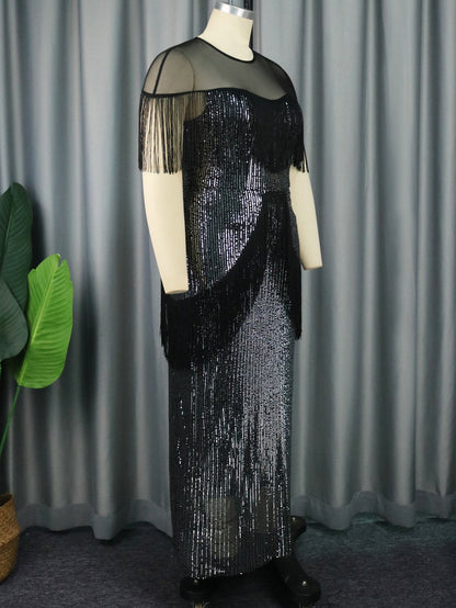 Elegant Dress for Women Luxury Long Black Sequin Tassel Dresses Fringe Prom  Wedding Guest Formal Occasion Big Size 3XL 4XL