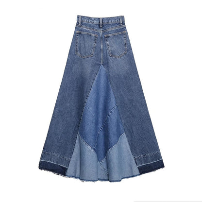 Women  Fashion Denim Blue Skirts Highstreet Patchwork High Waist Midi Skirts A-Line Design Female Bottoms