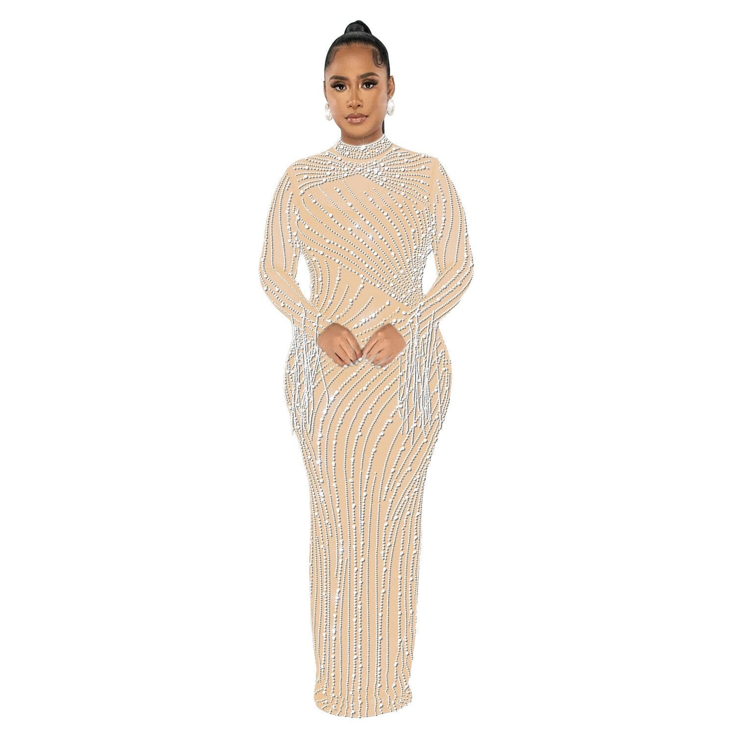 Women's Sexy See Through Rhinestone Bead Mesh Dress Luxury High Neck Long Sleeve Tassels Maxi Party Night Dresses 2 Piece Set