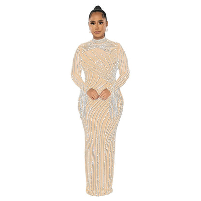 Women's Sexy See Through Rhinestone Bead Mesh Dress Luxury High Neck Long Sleeve Tassels Maxi Party Night Dresses 2 Piece Set