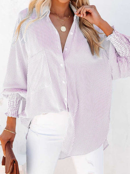 Spring Fall Lantern Sleeve Striped Shirt Blouse Women Lapel Buttons Loose Shawl Cover-Ups Elegant Beach Bikini Cover Up