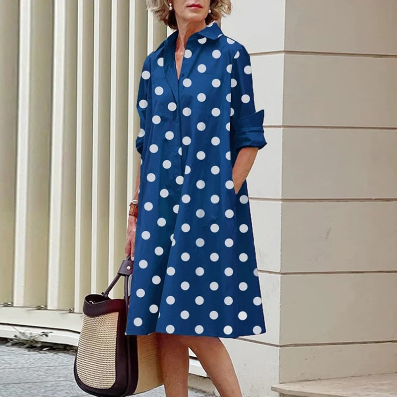 Women Casual Long Sleeves Shirt Collar Solid Short Dress