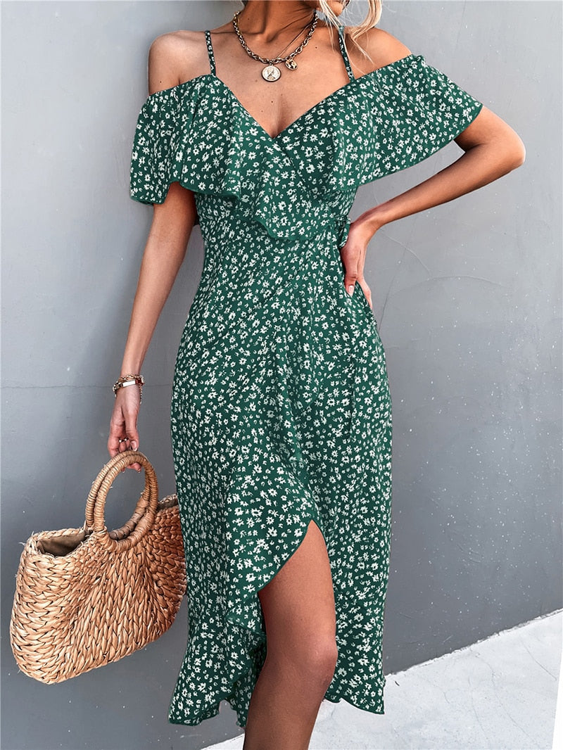 Ladies Spring Summer Sexy Straps Dress Women Green Off Shoulder Ruffles Casual Beach Dresses Female Floral Print Dress