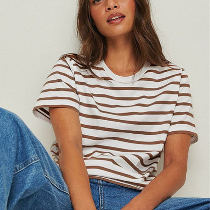 Ladies Loose Cotton Summer Short Sleeve O Neck Striped Basic T-Shirts Women T Shirt Casual Cozy Tee Tops Harajuku Shirt Female