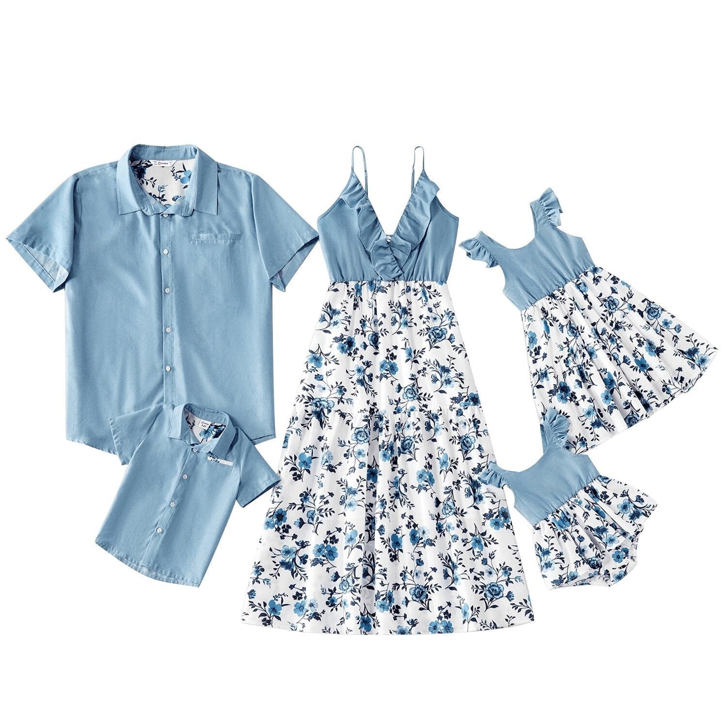 sixsr  Trends Summer And Spring Mosaic Cotton Family Matching Floral Sets Flounce Dresses And Denim Tops Short Long Sleeve Family Look