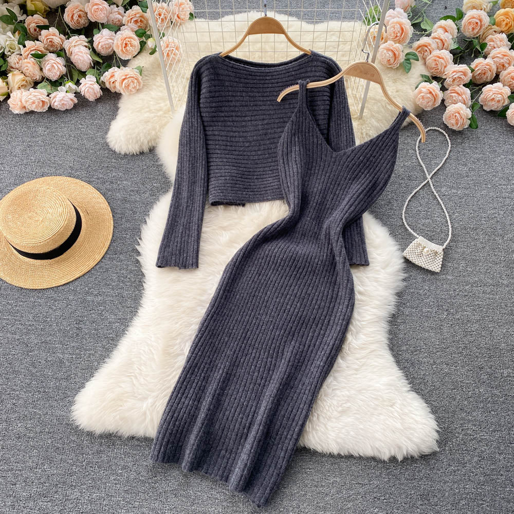 sixsr  Women Elegant Slim Two Piece Sets Female Sweater Dress Autumn Winter High Waist Knitted Ensemble Femme Medium Long Party Dresses