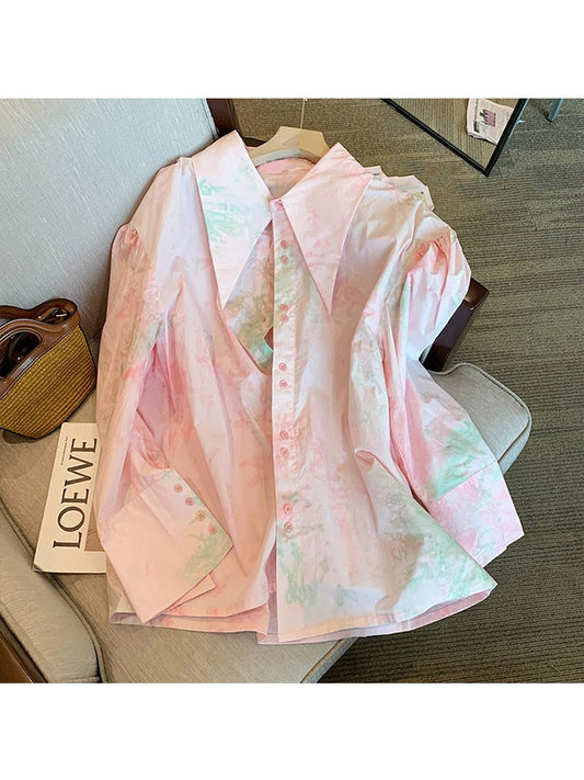Korean Fashion Tie Dye Loose Long Sleeve Single Breasted Shirt  Spring Women's Turn-Down Collar Casual Female Blouse