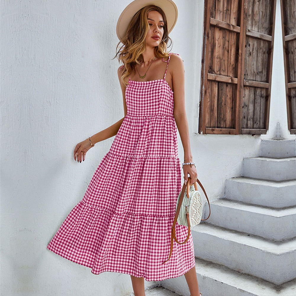 Ladies Vintage Boho Plaid Summer Dress Women Sexy Backless Casual Ruffles Party Beach Sundress Women Dress Robe Vestidos Female