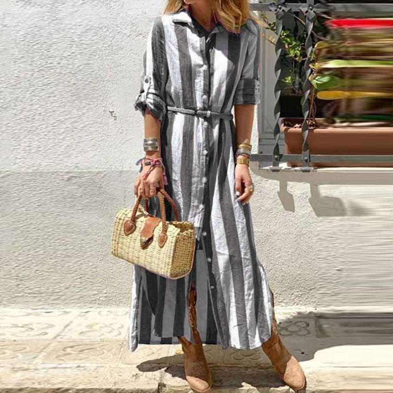 Fashion Trends Autumn Casual Long Sleeve Office Shirt Dress Elegant Striped Print Single-Breasted Long Dress Women Lapel Harajuku Loose Dresses