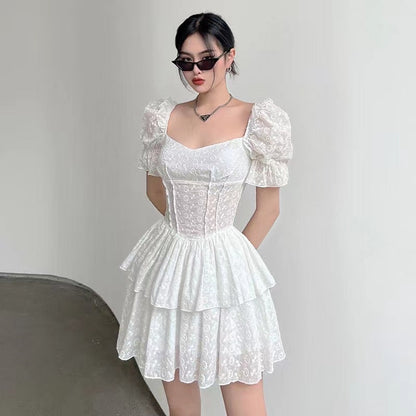 sixsr  Fashion V Neck Ruffles Pleated Dress Women Puff Sleeve Chic White Summer MINI Dress Party Hollow Out Vintage Corset Ladies