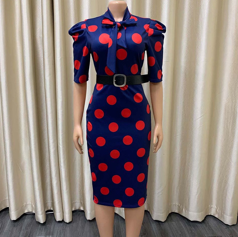 Elegant Office Dresses for Ladies  Business Dot Printed High Waisted Short Sleeve Mid Calf Fashion Work Wear Cloth Dress OL